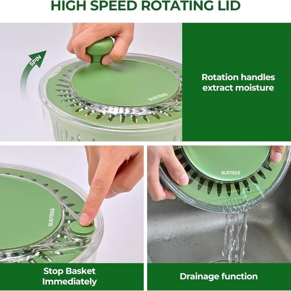 SUSTEAS Salad Spinner Large – 4.25Qt, Vegetable & Fruit Wash Bowl with 5-Blade - Picture 4 of 9